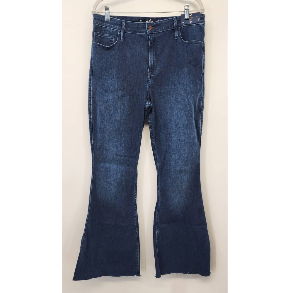 NWT New Hollister 15R W32 High Rise Flare Raw Hemline High Rise Dark Wash‎